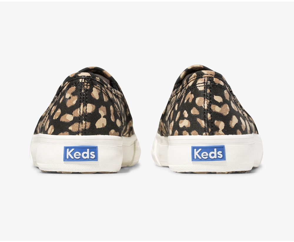 Keds Slip Ons Black/Leopard - Washable Double Decker Animal - Womens VCDMPK-412